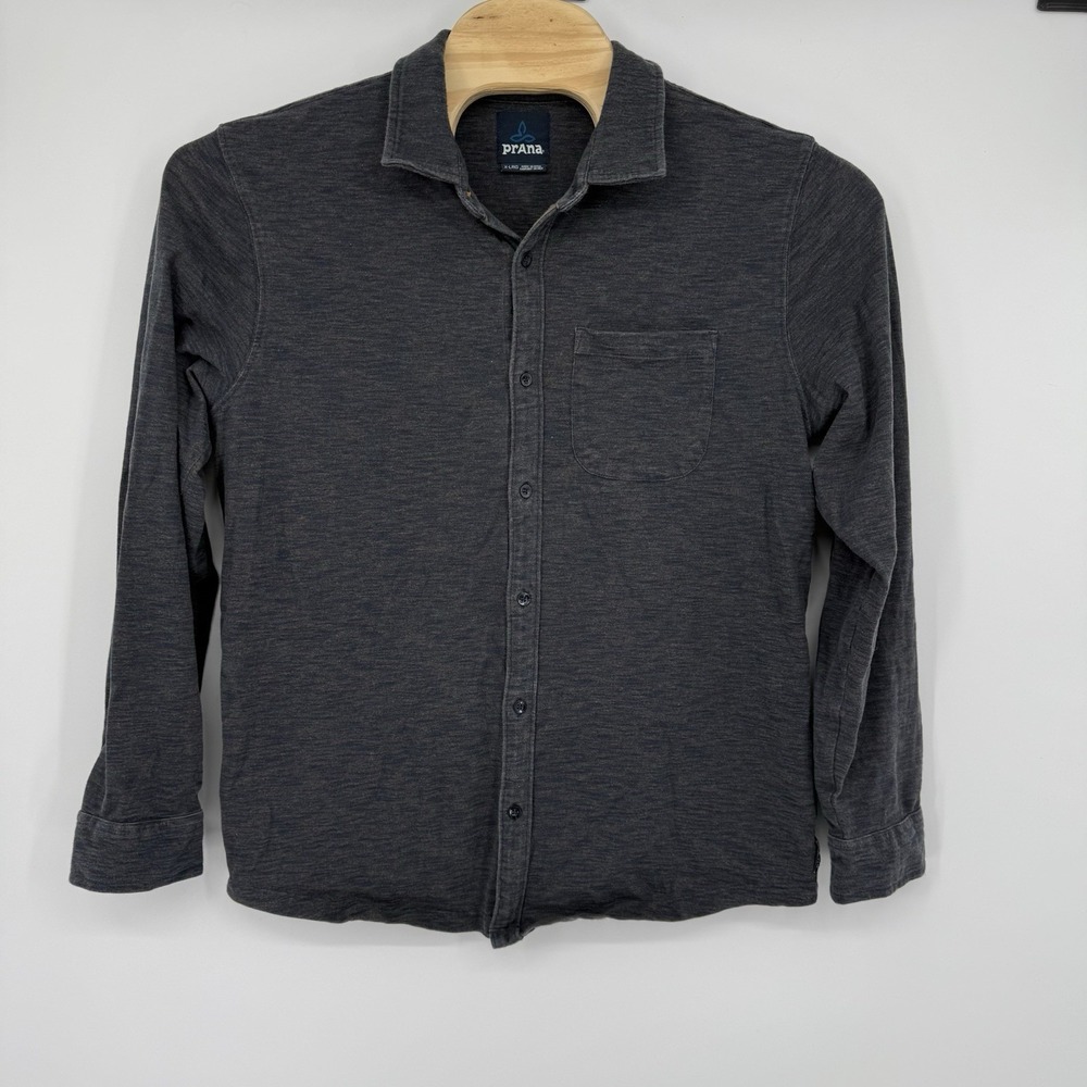 PrAna Mens Ronnie Long Sleeve Shirt XL Organic Cotton Neutral‎ Gray Blue Pocket
